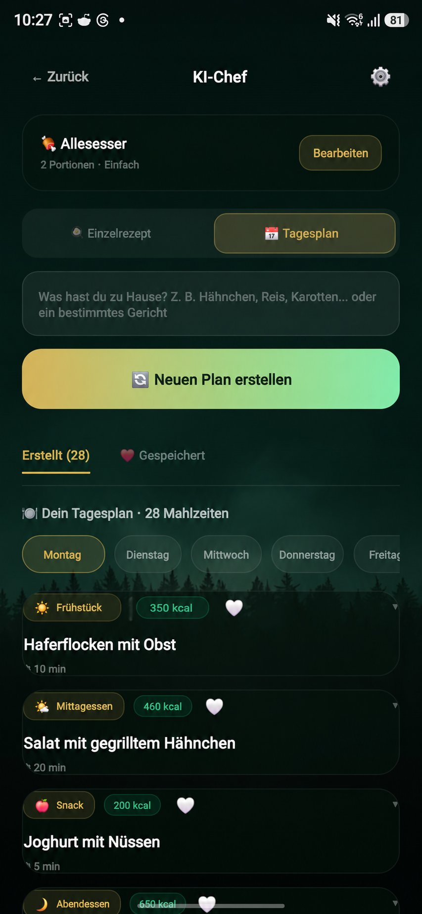 Tutaris KI-Koch mit Ernährungsvorlieben, Rezepten und Essensplan. Ins Deutsche übersetzte Ansicht.