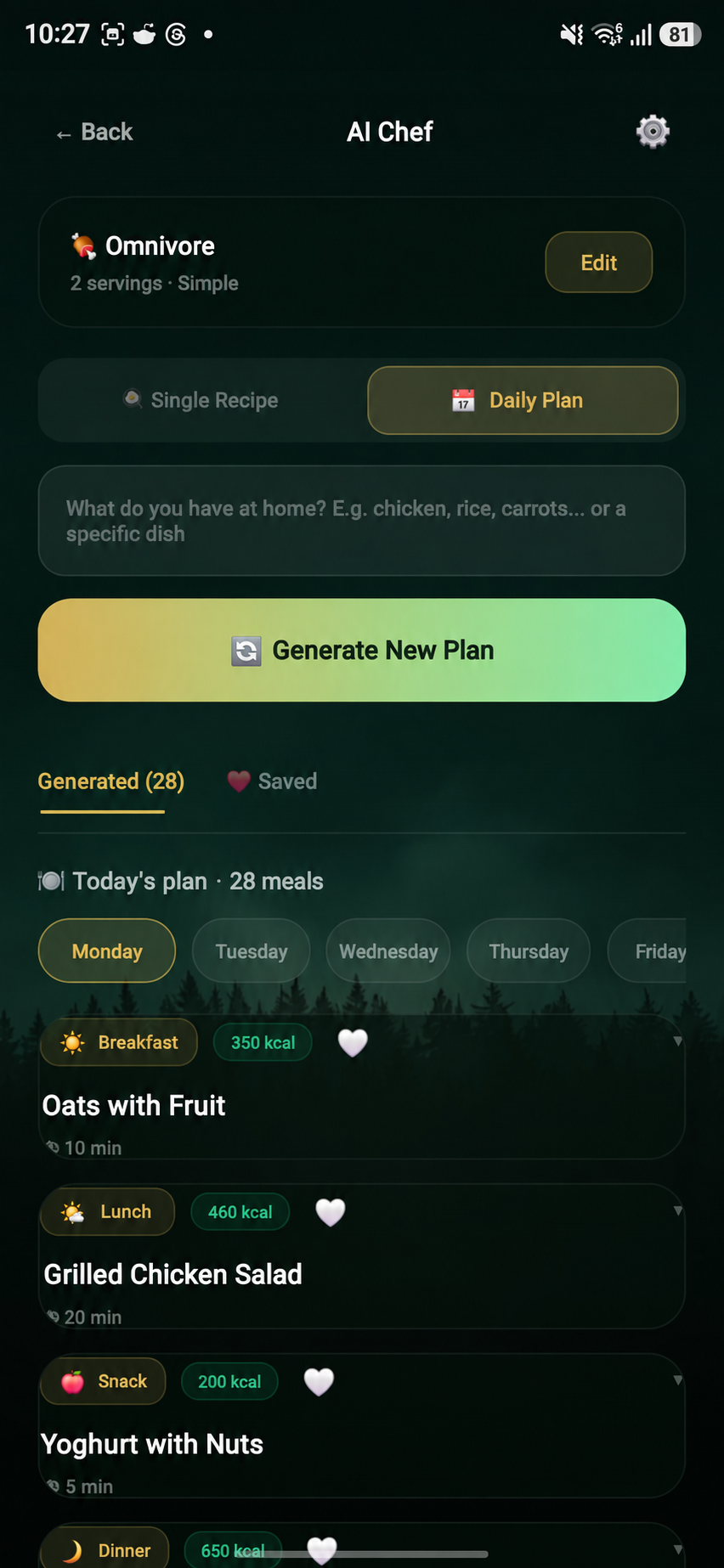 Tutaris AI Chef with dietary preferences, recipes and a meal plan. Screen translated into English.