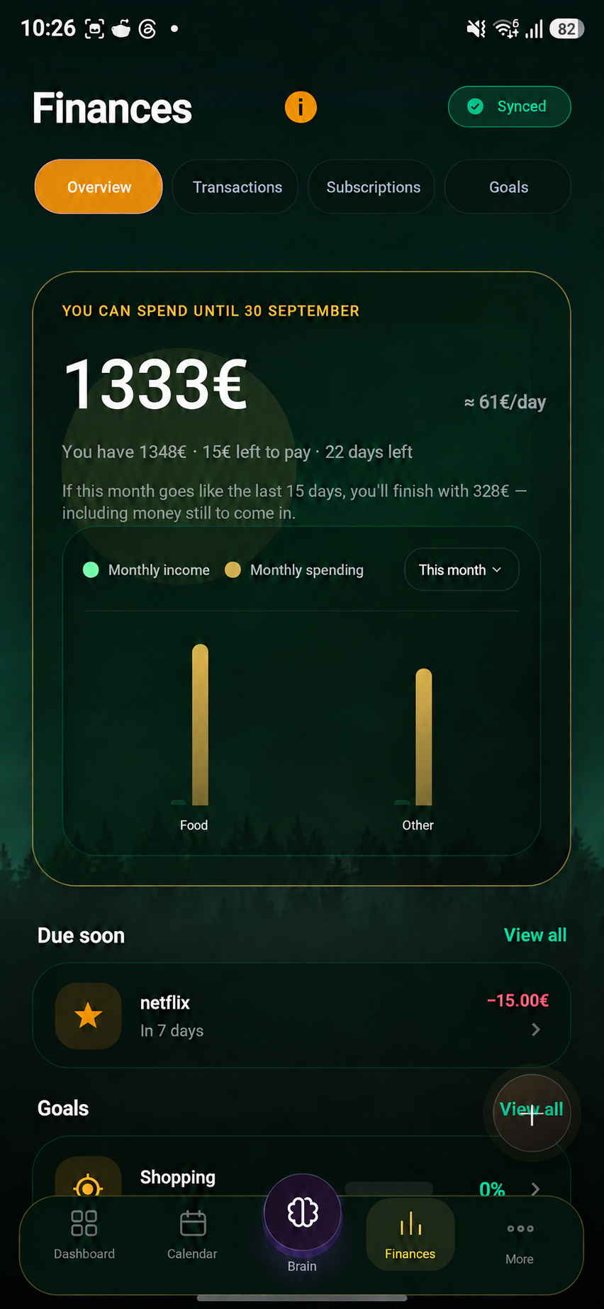 Tutaris finances with available budget, monthly forecast and upcoming payments. Screen translated into English.