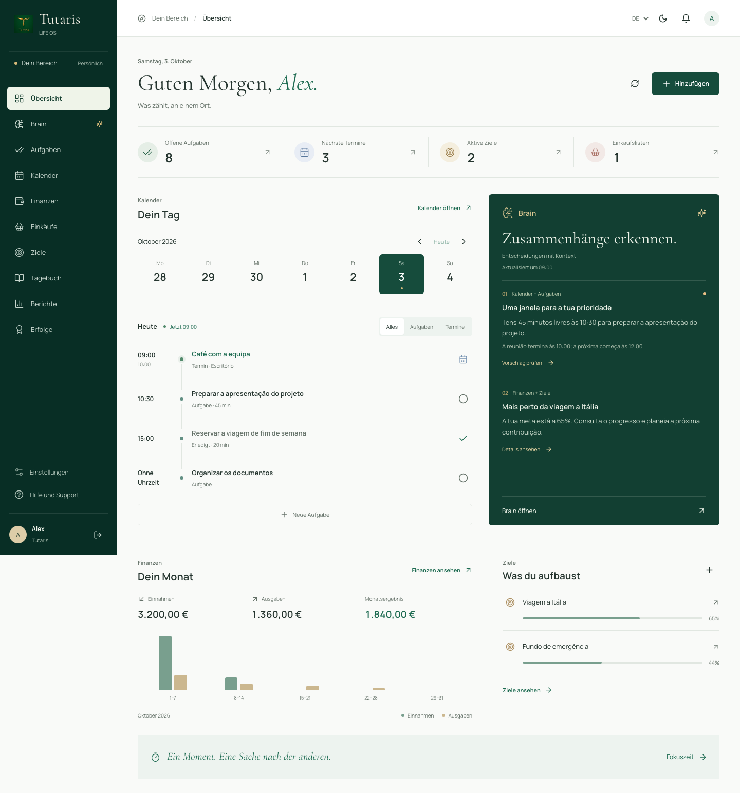 Neue Tutaris-Webübersicht mit Kalender, Brain, Finanzen und Zielen